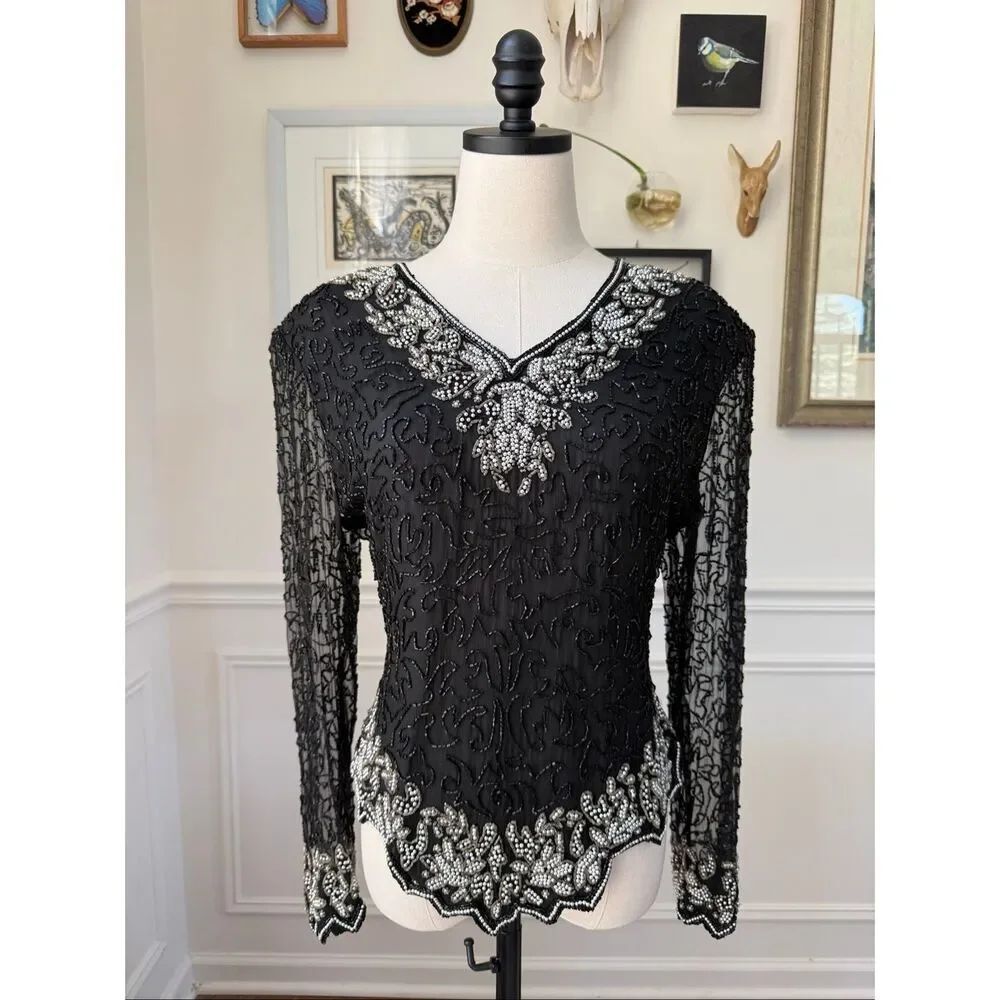 Lawrence Kazar Beaded Sequin Long Sheer Sleeve Silk Top Black M